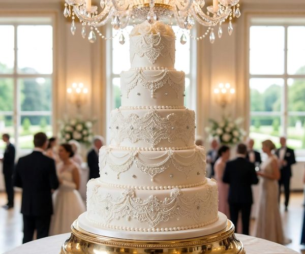 Elegant wedding cake in luxurious event space with guests
