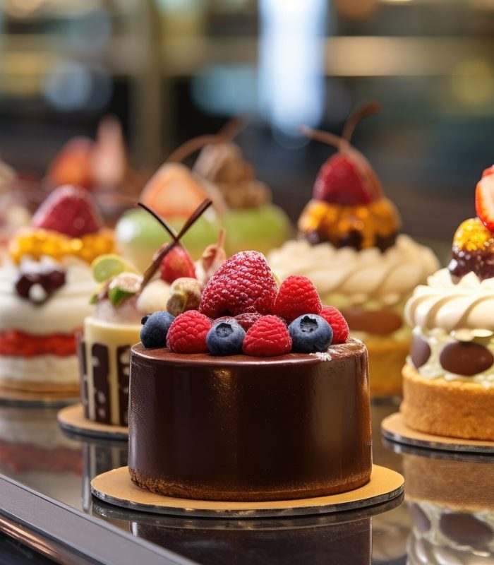 Small cakes on display at the patisserie counter.
